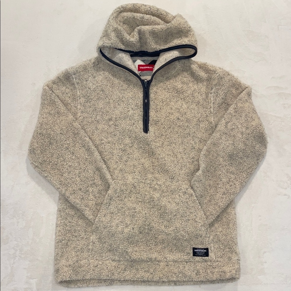UNIONBAY Sherpa Fleece Quarter-Zip Oatmeal Colored Hoodie, Size Small